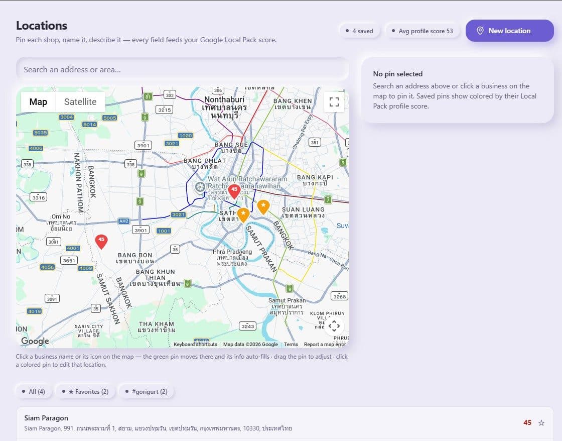 Screenshot: locations map with pins and Local Pack profile score