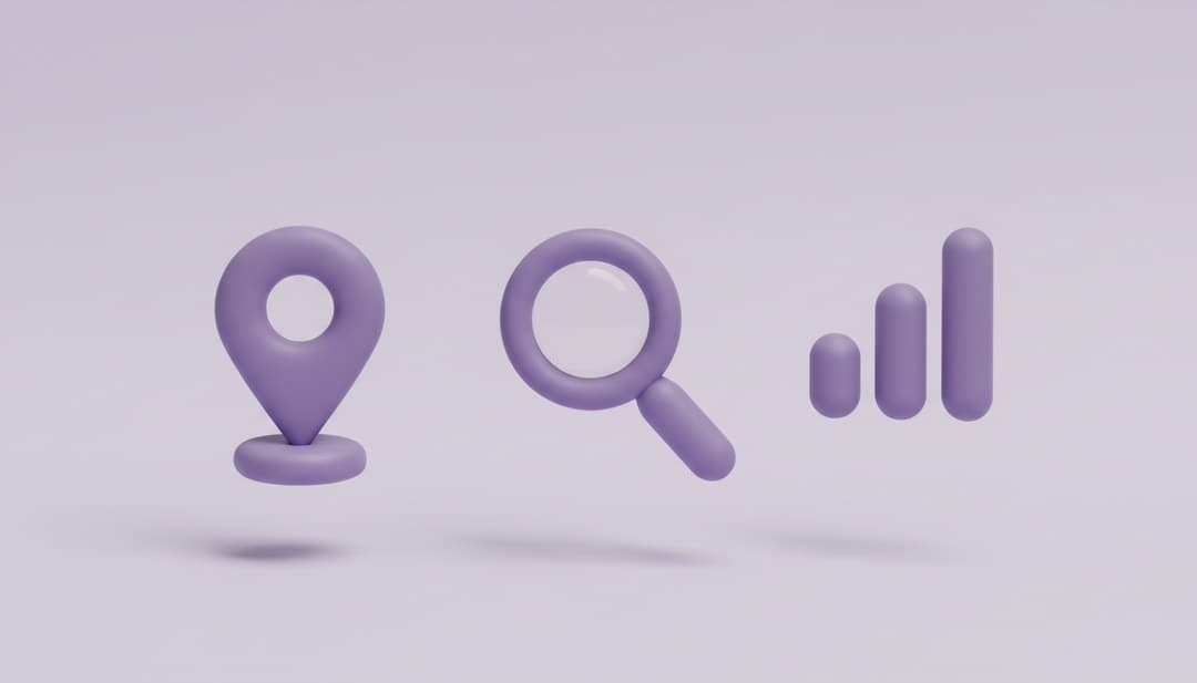 Illustration of a map pin, magnifying glass and ranking bars