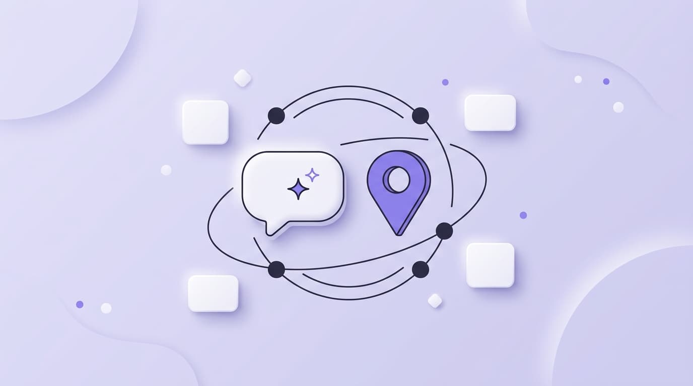 Soft illustration of a chat bubble with sparkles next to a map pin on a lavender grid