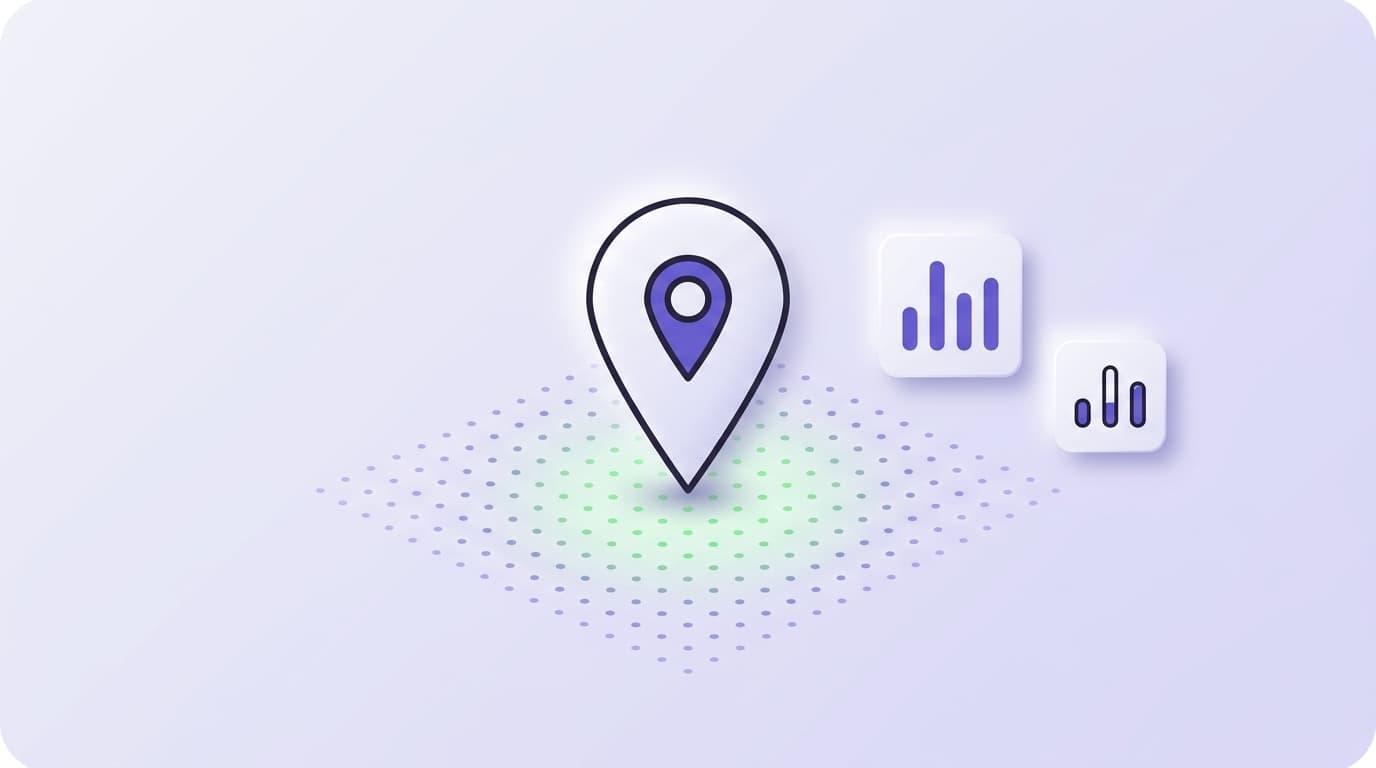 Soft illustration of a Google Maps pin standing on a grid of ranking dots in lavender and violet