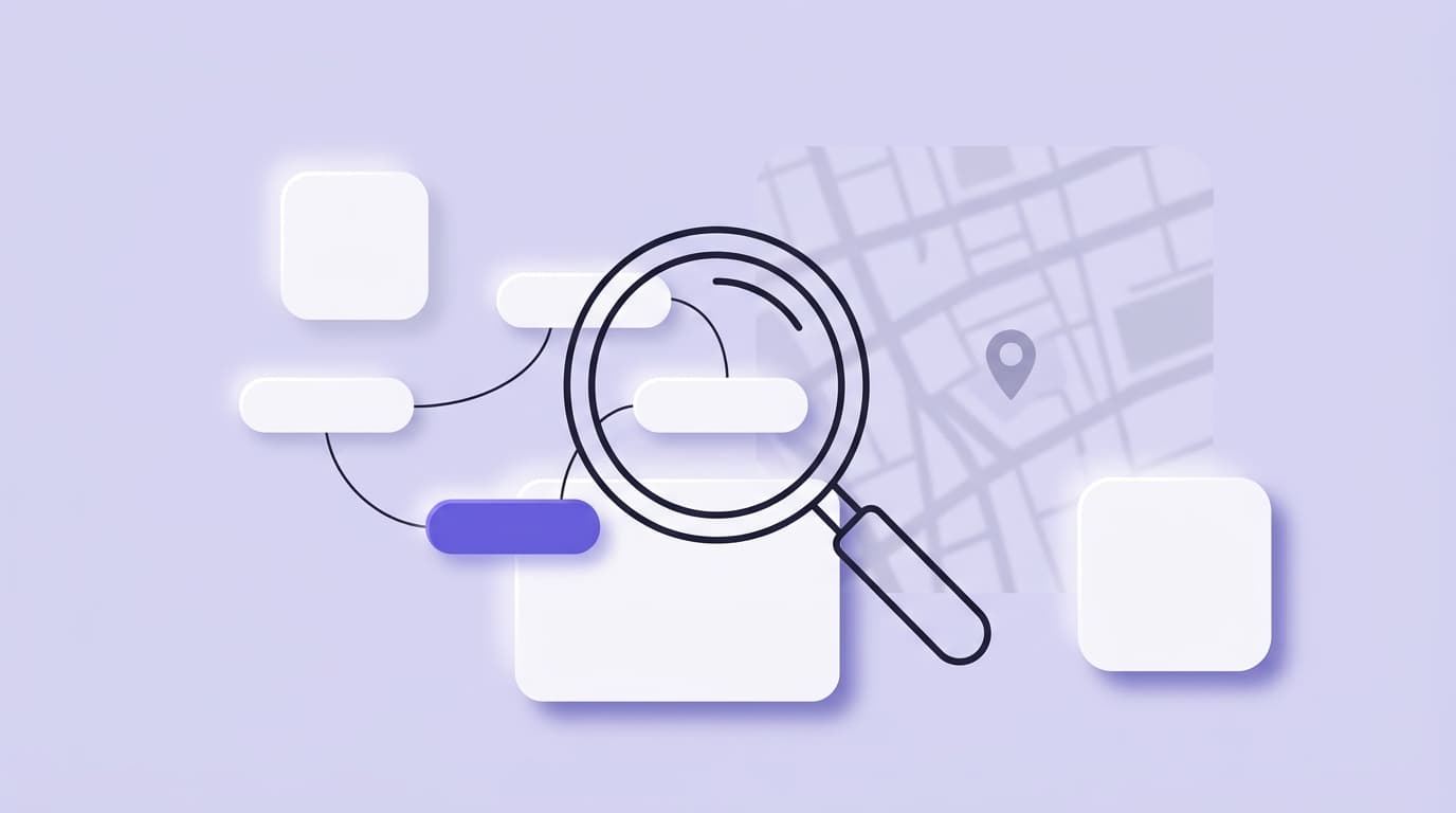 Soft illustration of a magnifying glass over floating keyword cards in lavender tones