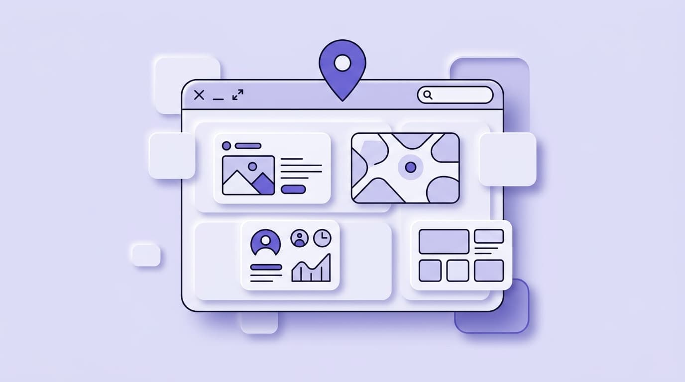 Soft illustration of a browser window and building blocks with a map pin in lavender tones