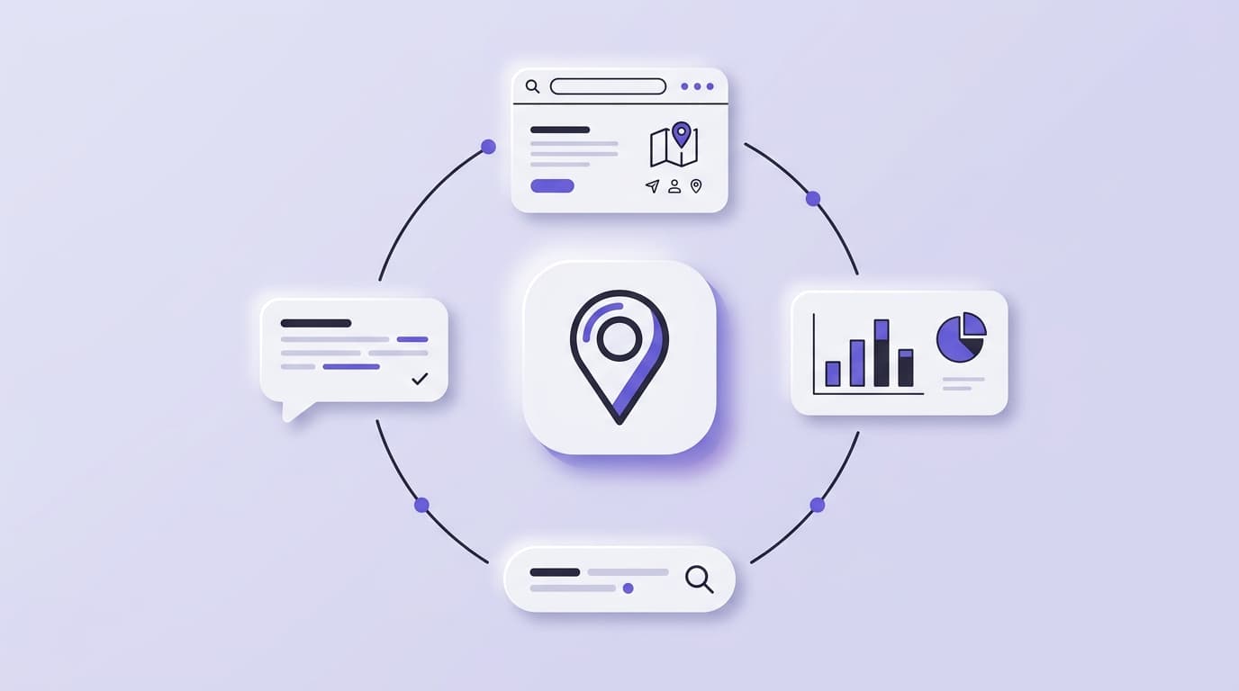 Soft illustration of a map pin, website window, chat bubble and chart orbiting one hub in lavender tones