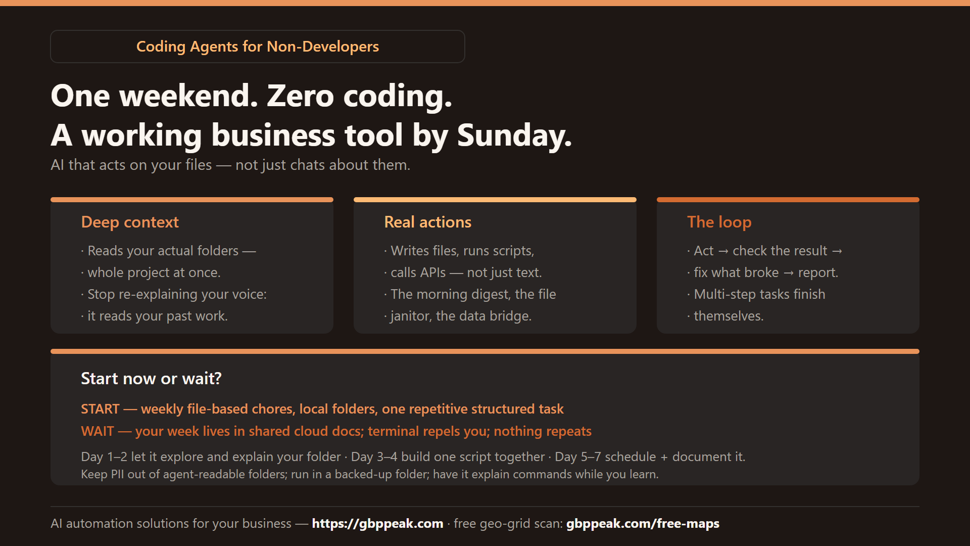 Explainer: the three pillars of a coding agent — deep context (reads your folders), real actions (files, scripts, APIs), and the self-correcting loop — plus the start-now-or-wait test