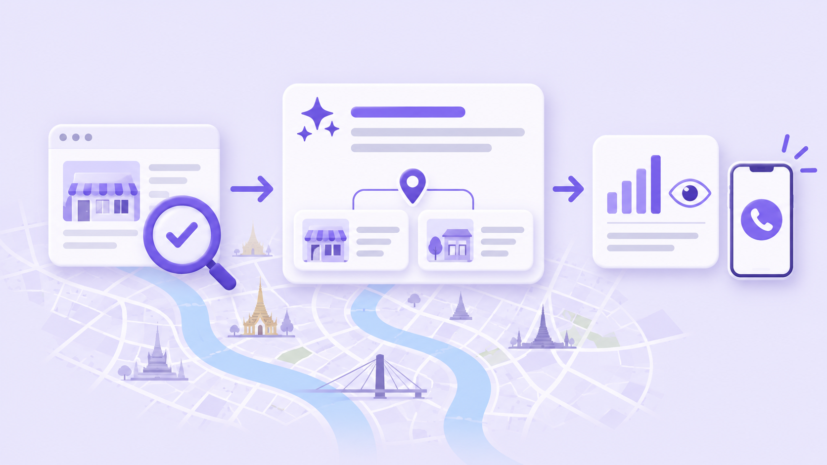 Three stages: check page eligibility, inspect linked local sources, and measure visibility alongside enquiries