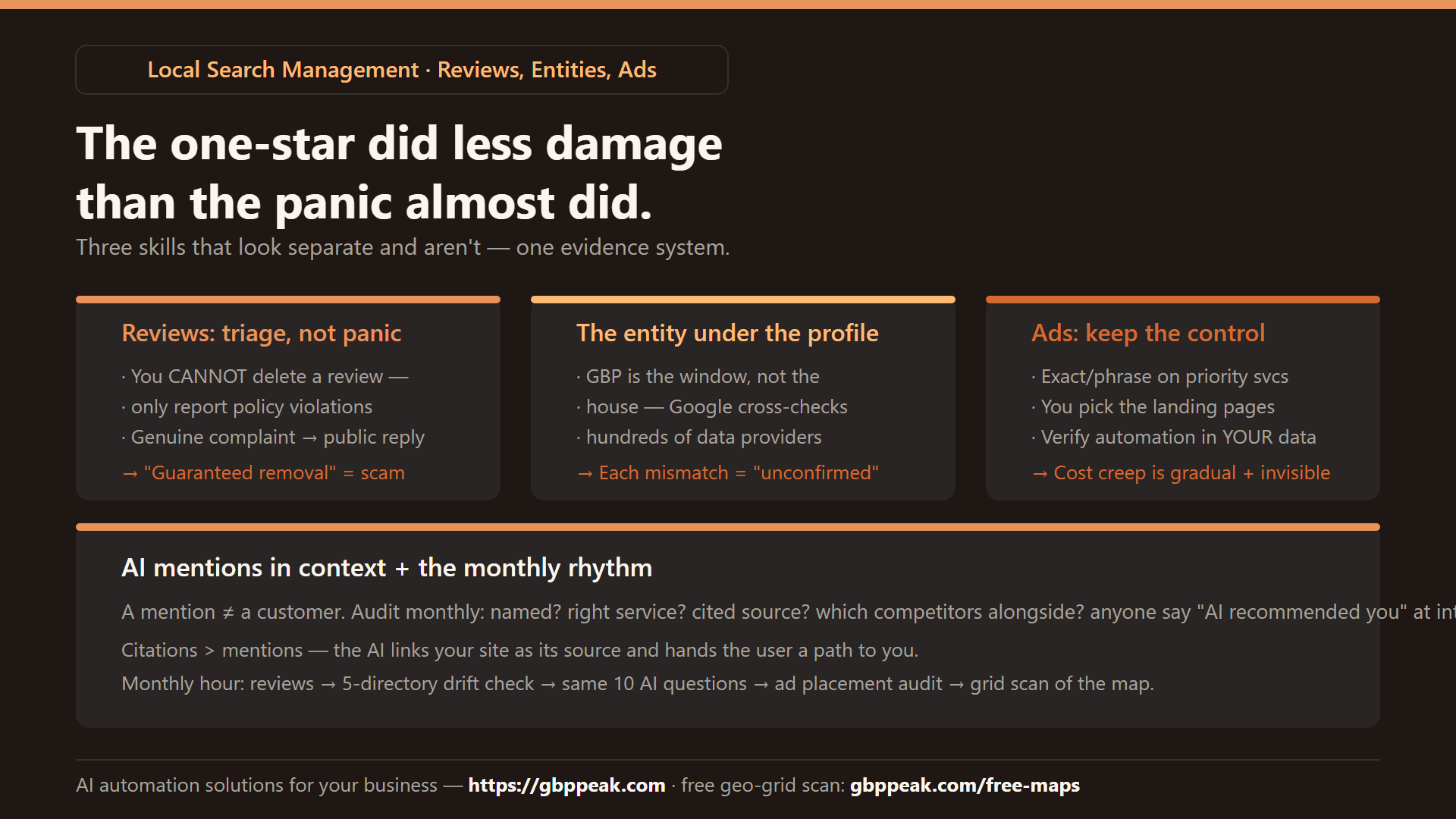 Explainer: the three interlocking skills — review triage (no deletion, only policy reports + public replies), the entity record under your profile, and ad control — plus the AI-mention audit and monthly rhythm