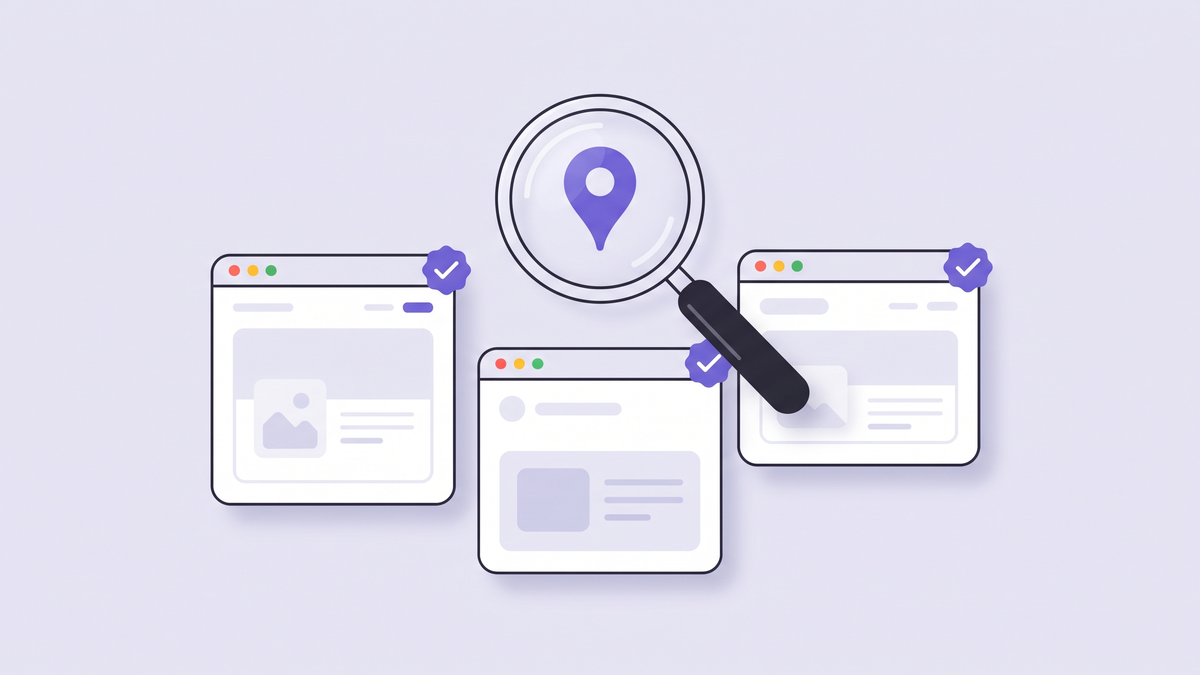 Neumorphic lavender illustration - three white browser-window cards standing side by side like podium tiles of different heights, a magnifying glass and a violet map pin above them, small checkmark badges on each card (artwork for Which Search Engine Is the Most Accurate)
