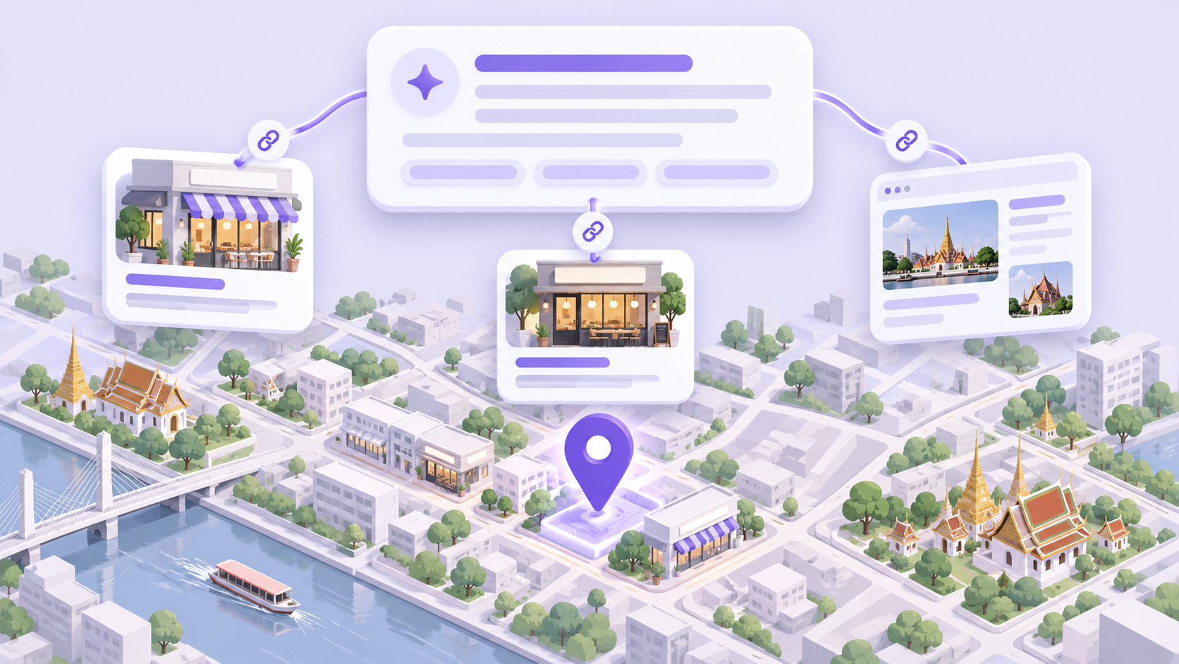 Lavender Bangkok map with a violet location pin and linked source cards beneath an abstract AI answer