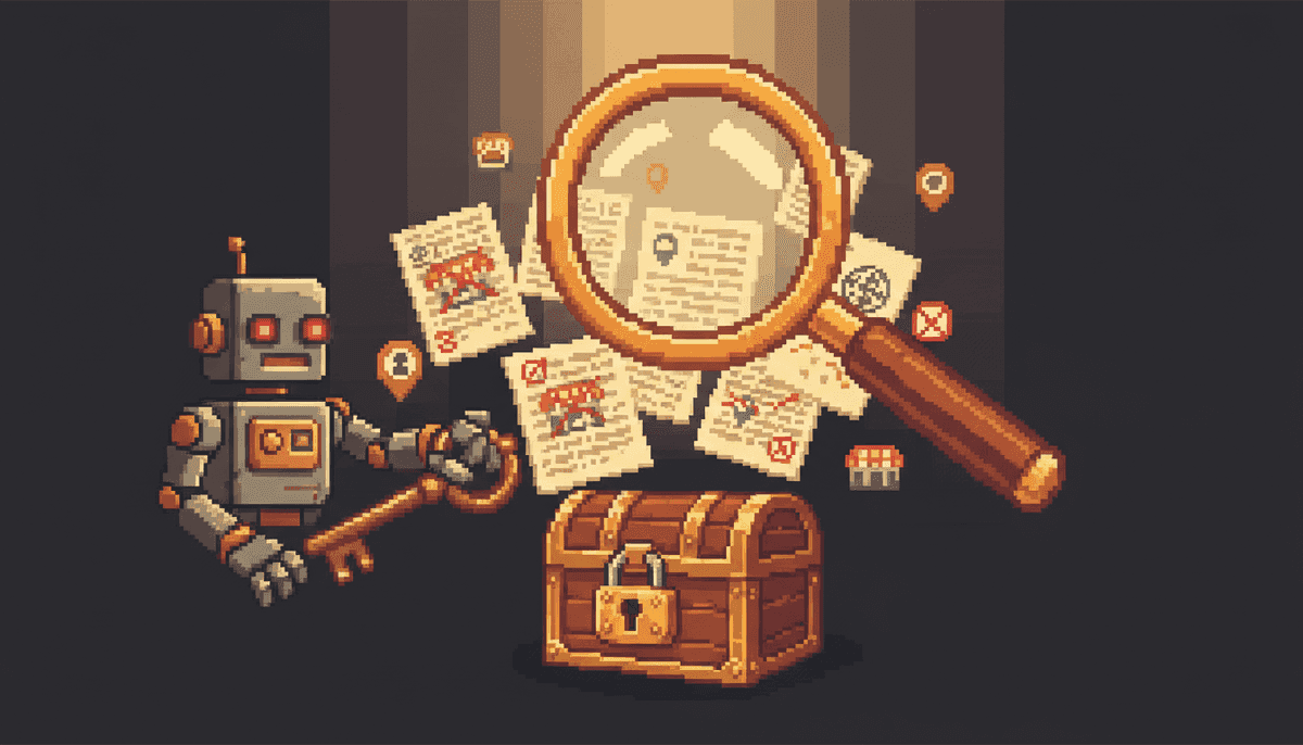 Pixel art hero illustration — a magnifying glass hovering over scattered pixel documents and a padlocked treasure chest with a key held by a robot (artwork for "When AI Recommends Your Competitor: Local SEO in the Age of AI Search")