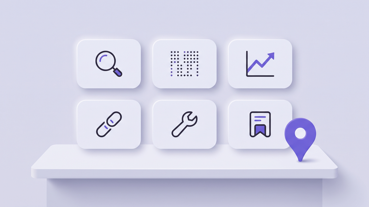 Neumorphic lavender illustration - a workbench of six white tool cards each with a pictogram (magnifier, dotted grid, trend line, chain links, wrench, report), a violet map pin presiding over the bench (artwork for Best SEO Tools for Local Search)