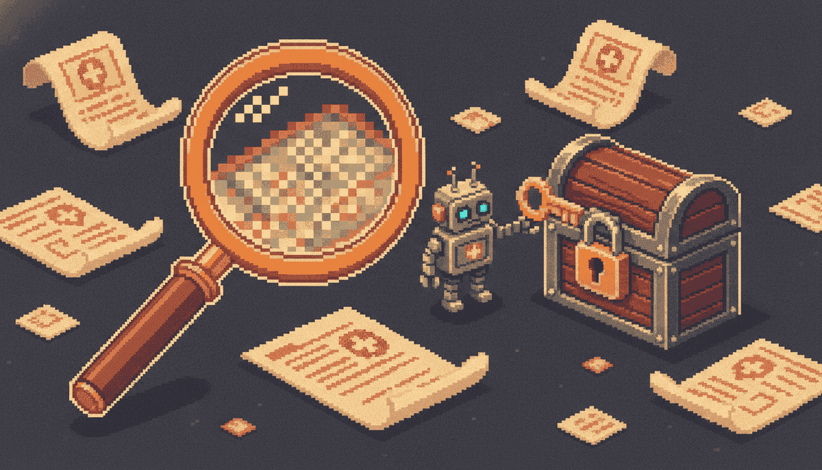 Pixel art hero illustration — a magnifying glass hovering over scattered pixel documents and a padlocked treasure chest with a key held by a robot (artwork for "Local SEO for Clinics: How Patients Find a Doctor They Trust")