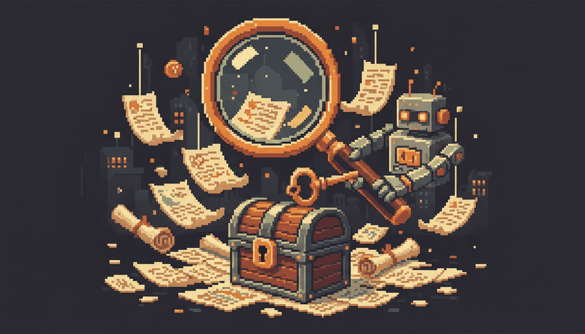 Pixel art hero illustration — a magnifying glass hovering over scattered pixel documents and a padlocked treasure chest with a key held by a robot (artwork for "The Local SEO Mistakes That Keep Bangkok Shops Invisible")