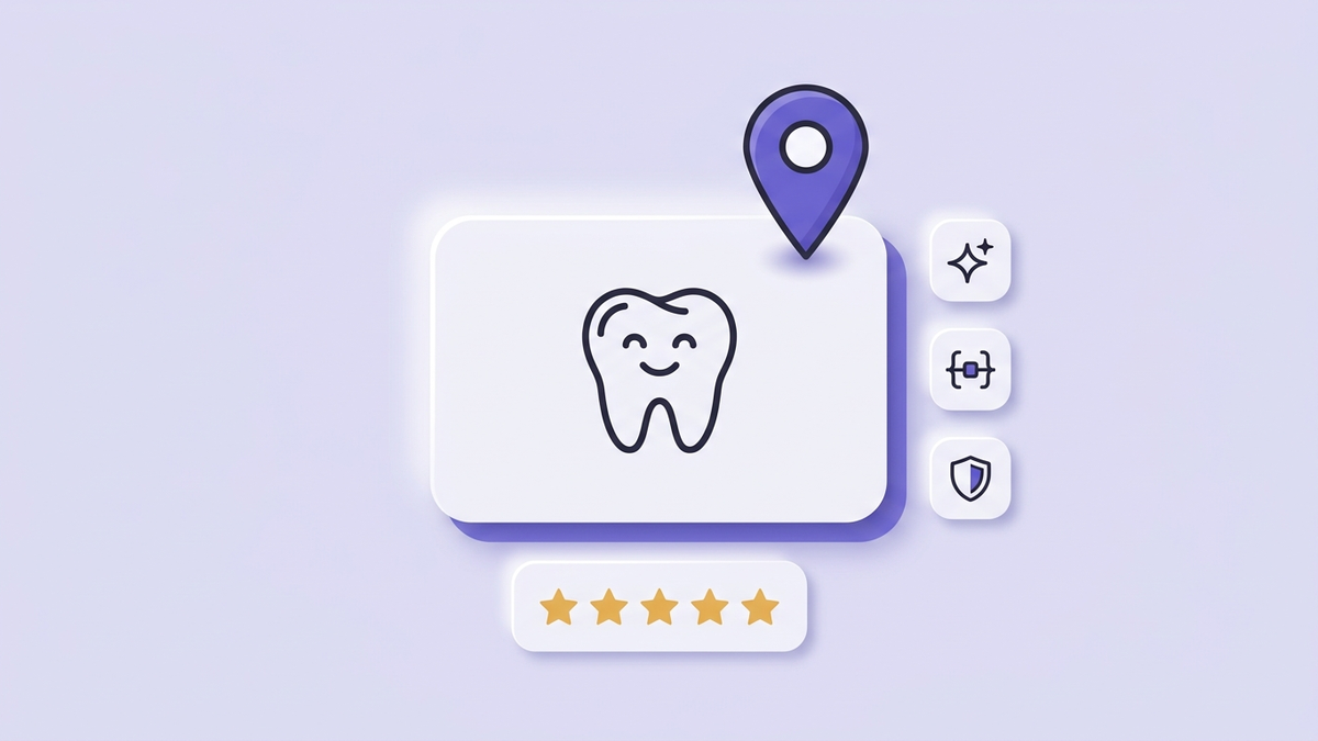 Neumorphic lavender illustration - a white clinic-card with a tooth icon and a Google Maps pin on top, treatment chips (tooth, braces, sparkle) floating beside it, a small star-row card below (artwork for Dental Local SEO)