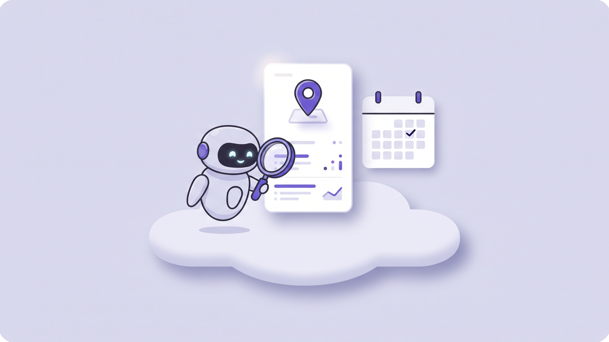 Neumorphic lavender illustration - a small robot quietly operating a magnifying glass over a search-results card while a calendar with a checkmark ticks beside it, all resting on a soft cloud shape (artwork for Easy SEO Tracking)