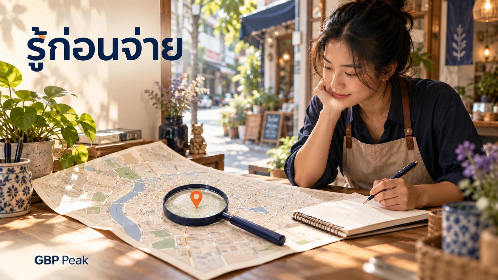 ภาพแนวคิดเจ้าของร้านดูแผนที่และจดสิ่งที่จะตรวจต่อ พร้อมข้อความรู้ก่อนจ่าย ไม่ใช่ภาพลูกค้าหรือผลสแกนจริง