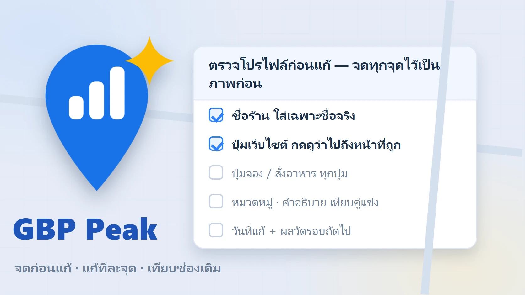 หมุดแบรนด์ GBP Peak ยืนอยู่หน้าแผ่นงานตรวจโปรไฟล์ที่มีช่องรายการให้ติ๊กทีละบรรทัด สื่อการจดบันทึกสภาพก่อนแก้ไข