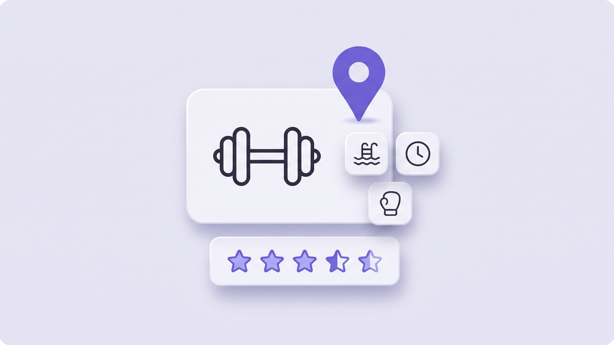 Neumorphic lavender illustration - a white gym-card with a dumbbell icon and a violet Google Maps pin on top, amenity chips (pool wave, clock, boxing glove) floating beside it, a star-row card below (artwork for Gym Local SEO)