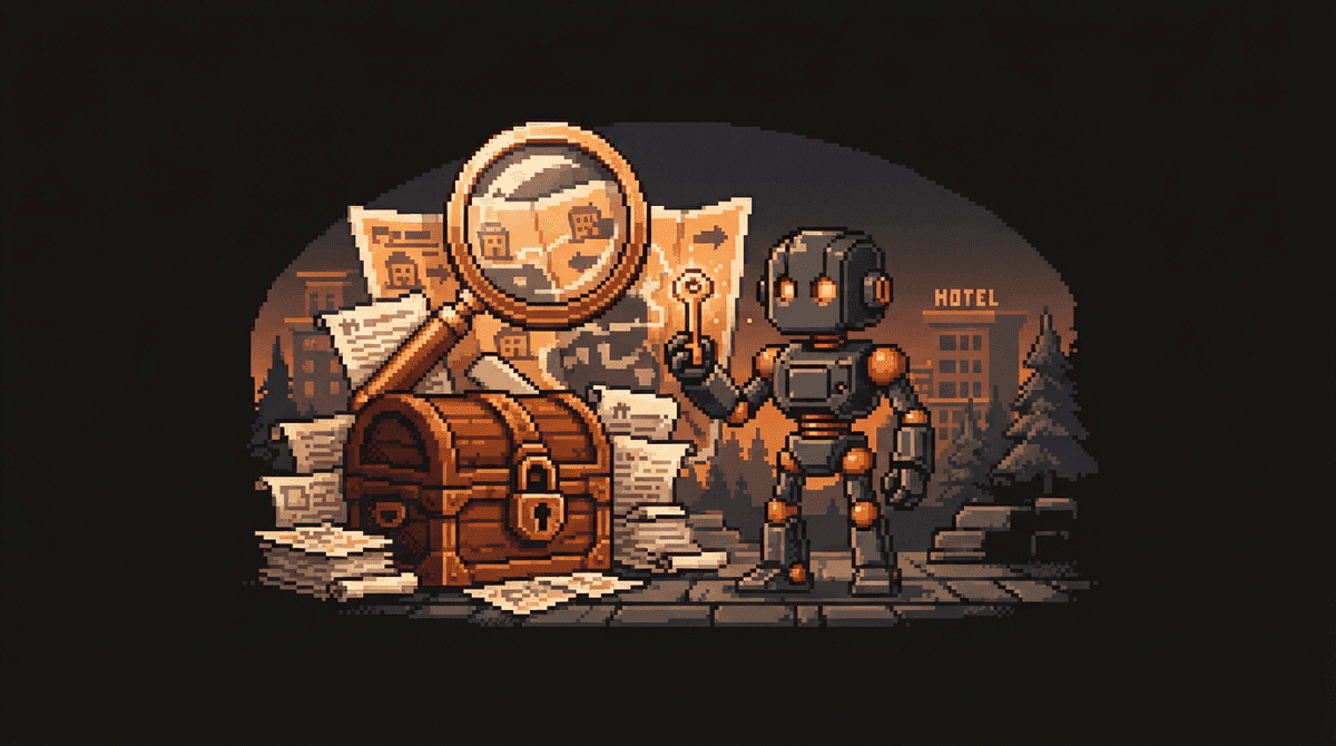 Pixel art hero illustration — a magnifying glass hovering over scattered pixel documents and a padlocked treasure chest with a key held by a robot (artwork for "Local SEO for Hotels: The Map Pack That Plays by Different Rules")