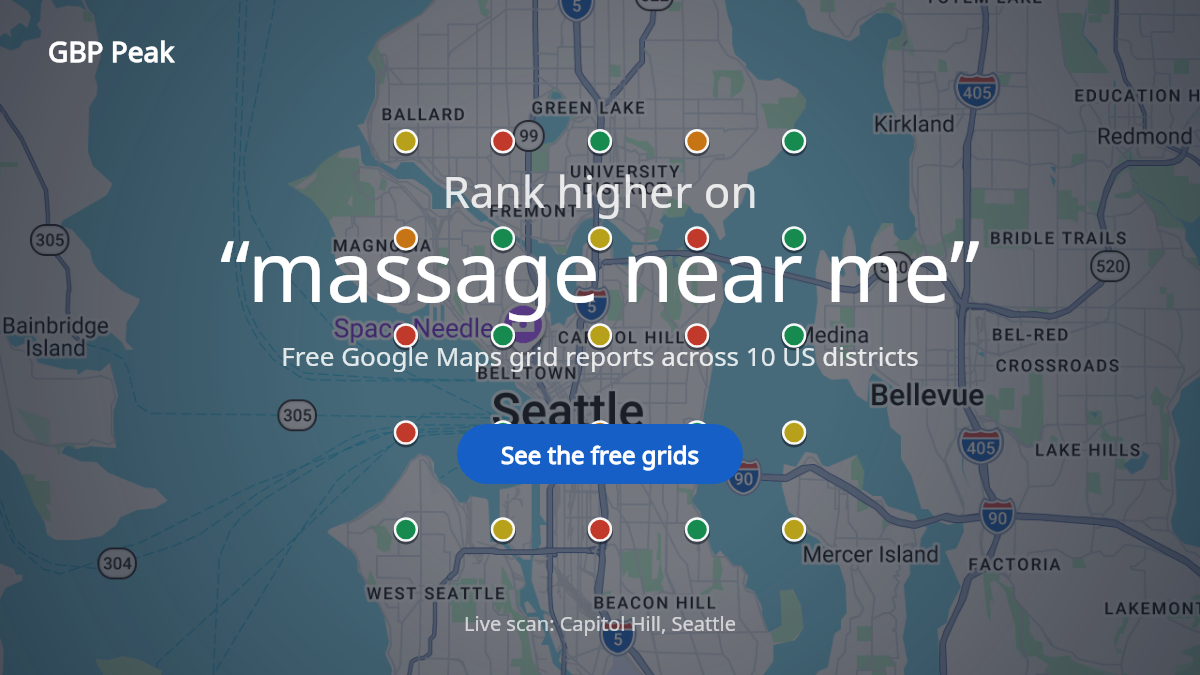 A 5x5 Google Maps rank grid over Capitol Hill, Seattle, for the search massage near me