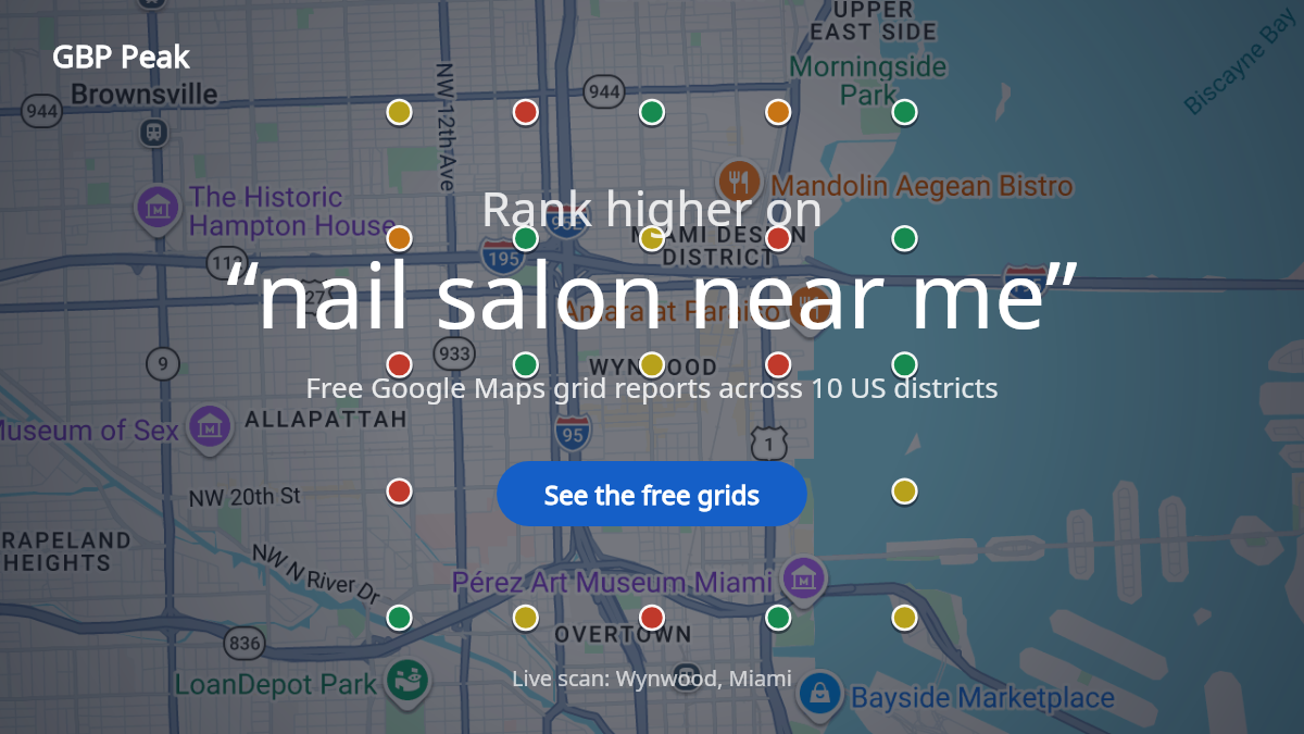 A 5x5 Google Maps rank grid for the search nail salon near me