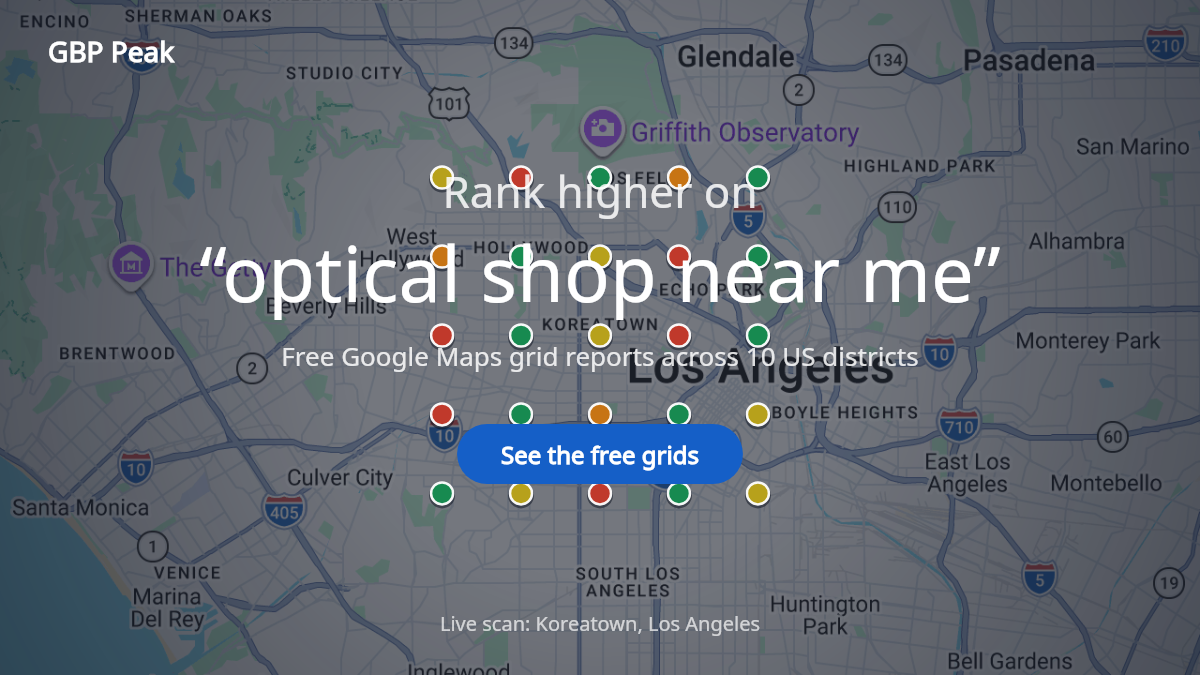 A 5x5 Google Maps rank grid for the search optical shop near me