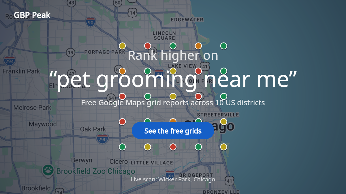 A 5x5 Google Maps rank grid for the search pet grooming near me