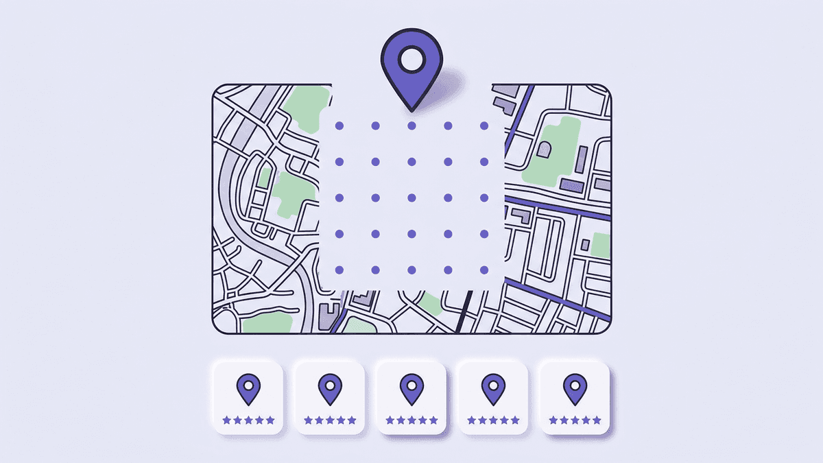 ภาพประกอบสไตล์นิวมอร์ฟิกพื้นลาเวนเดอร์ — เข็มพิน Google Maps ใหญ่ตรงกลางลอยเหนือตารางจุด geo-grid รอบตัวร้าน การ์ดขาวเล็กลอยรอบๆ แสดงรีวิวดาวและอันดับ (ภาพประกอบบทความ เพิ่มอันดับ Google Maps ฉบับร้านไทย)