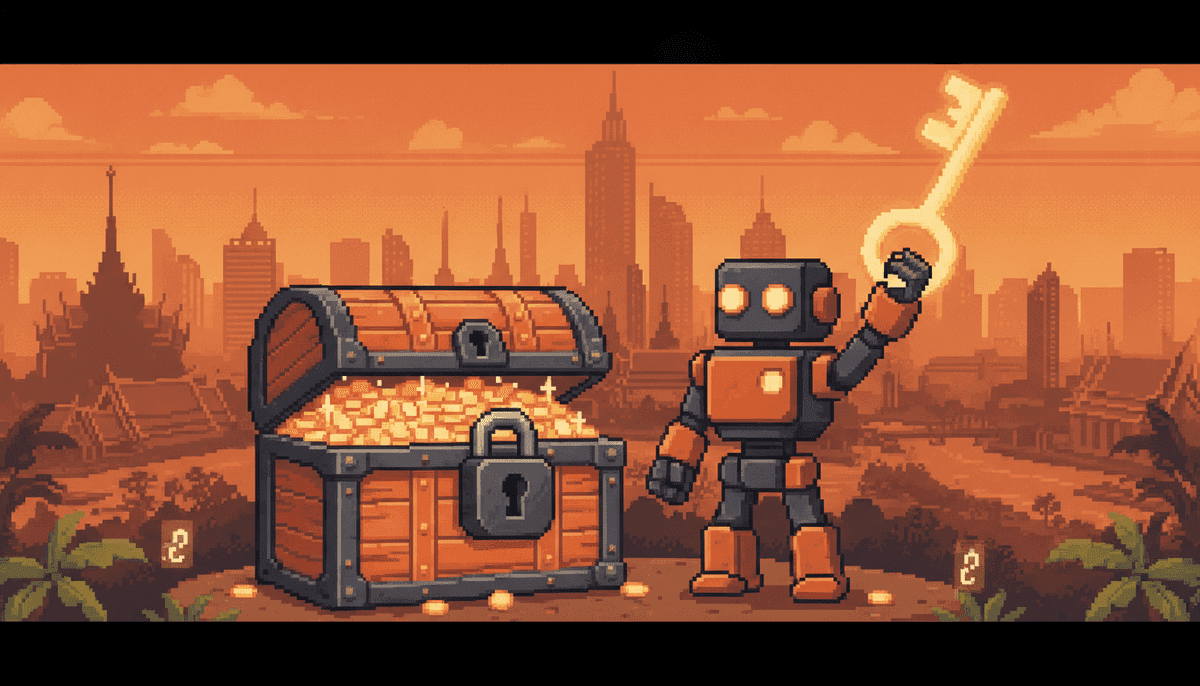 Pixel art hero illustration — a padlocked treasure chest with a key held by a robot (artwork for "Local Link Building for Small Businesses: Earn Links a Bangkok Shop Can Actually Get")