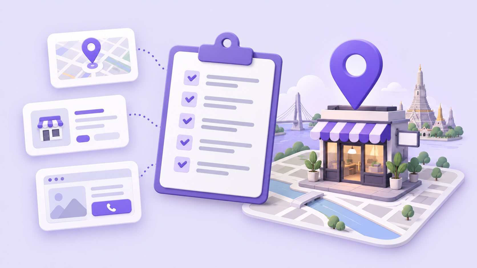 Lavender checklist beside a Bangkok storefront and map pin, with profile and website evidence cards