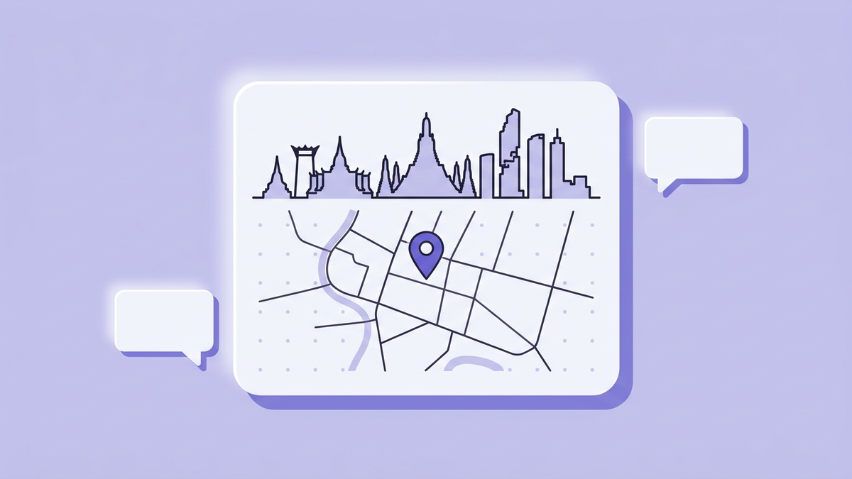 Neumorphic lavender illustration - a stylized Bangkok skyline silhouette above a street map with a violet Google Maps pin and a 5x5 dot grid, bilingual chat bubbles floating beside it (artwork for Local SEO Bangkok)